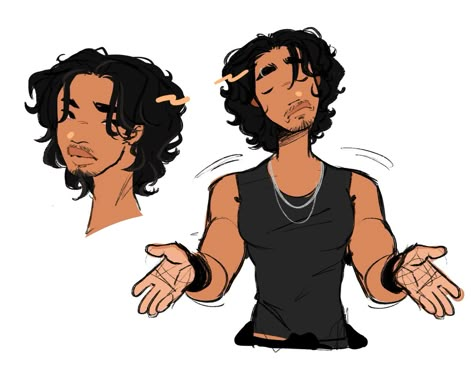 Male Relaxed Poses Drawing, Curly Mullet Drawing, Male Oc Hair Ideas, Curled Up In A Ball Pose Drawing, Character Design Black Male, Mullet Hair Drawing, Black Hair Oc Art, Male Oc Reference, Male Hair Ideas Drawing