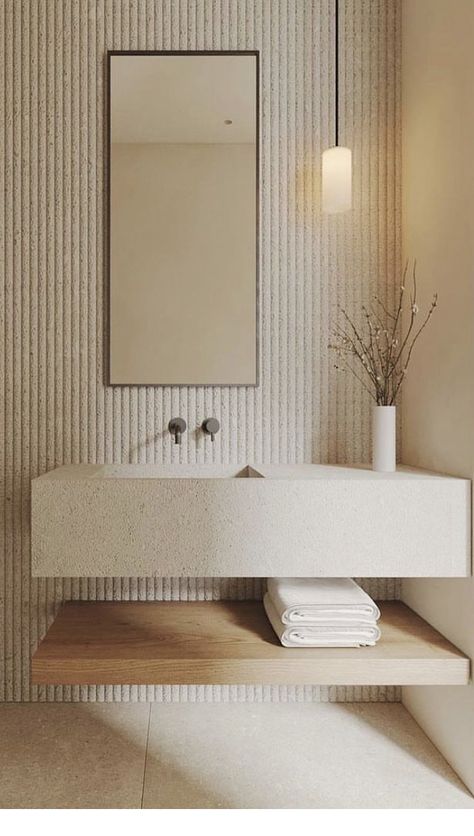 Spa Restroom Ideas, Beige Powder Room, Family Bathroom Ideas, Bad Beige, Drømme Bad, Bathroom Design Inspiration, Downstairs Bathroom, Bathroom Inspiration Decor, Minimalist Bathroom