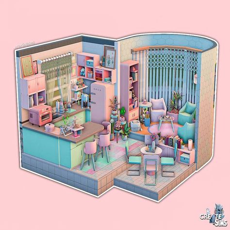 Sims 4 Danish Pastel, Sims 4 Pastel House, Sims 4 Pastel Pop Kit, Sims 4 Kitchen Ideas, Sims 4 Room Ideas, Sims Lots, Pastel Living Room, Sims 4 Kitchen, Pastel Kitchen