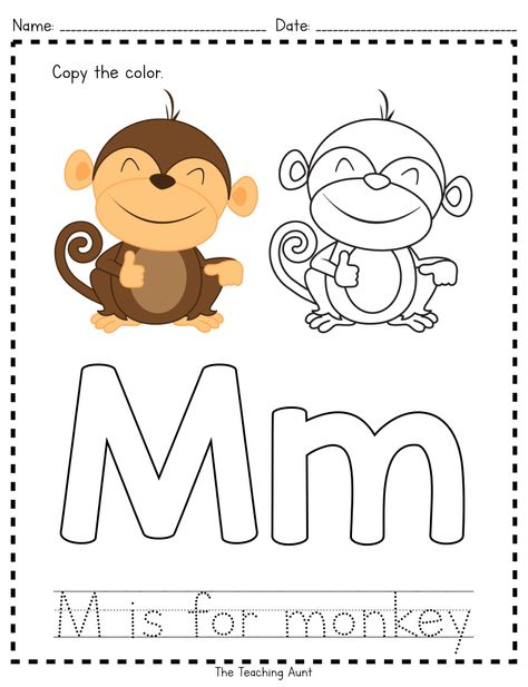 M is for Monkey: Paper Pasting Activity - The Teaching Aunt Monkey Worksheet, Letter M Worksheet, M Is For Monkey, Free Printable Valentines Tags, Letter M Activities, Letter M Worksheets, Worksheet Preschool, Letter Worksheets For Preschool, Coloring Letters