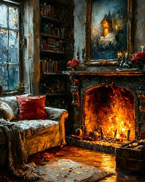 This painting is done in a realistic style with elements of romanticism. It conveys a cozy and warm autumn atmosphere. Details such as the burning fireplace, falling leaves, and bright apples create a sense of peace and harmony.

 #nature #beautiful #dream #digitalpainting #fantasyart #surrealism #cozyvibes #autumnart #fireplace #realism #fallcolors Painting Fireplace, Fireplace Painting, Romanticism Art, Cozy Living Room Warm, Painting Notebook, Harmony Art, Diy Floral Decor, Paint Fireplace, Fireplace Art