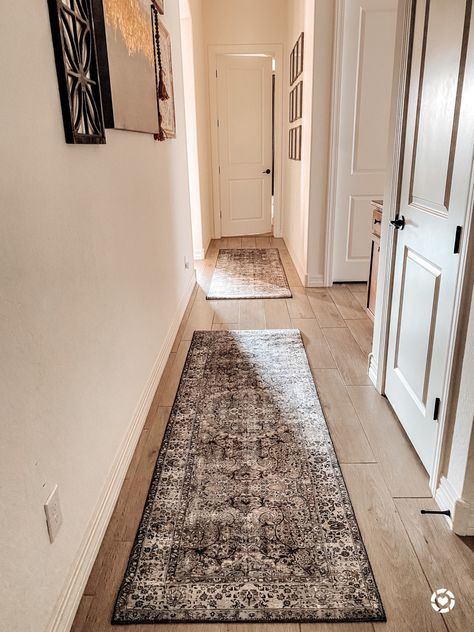 Area Rug And Runner In Living Room, 2 Runners In Long Hallway, Two Runners Long Hallway, Hallway Runners Ideas Hardwood, Bathroom With Runner Rug, Dark Runner Rug, Hall Runners Hallways, Brown Runner Rug, Runner Rugs Hallway