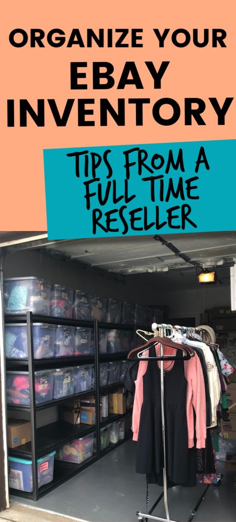 Tips from a full time ebay seller on how to organize your inventory #ebayseller #reseller Reseller Office Setup, Ebay Storage Inventory, How To Organize Resell Inventory, Ebay Office Setup, Organizing Poshmark Inventory, Poshmark Storage Ideas, Poshmark Inventory Storage, Clothing Inventory Storage, Reselling Organization