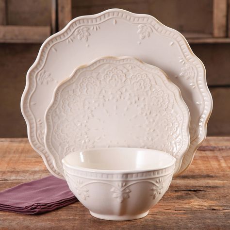 The Pioneer Woman Farmhouse Lace Dinnerware Set, 12-Piece Pioneer Woman Dinnerware, Farmhouse Dinnerware Sets, Dinnerware Ideas, Dinnerware Sets Walmart, Farmhouse Dinnerware, Pioneer Woman Dishes, Pioneer Woman Kitchen, White Dinnerware, Primitive Kitchen