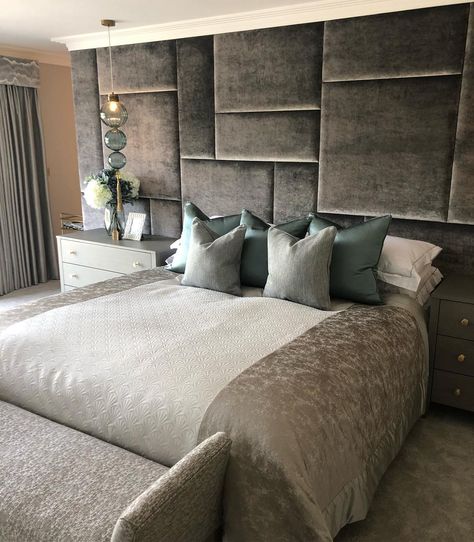 Luxury master bedroom suite completed at a clients apartment - bespoke padded wall, with glass ball pendant lights to pull together this… Bedroom Glam, Upholstered Wall Panels, Glass Ball Pendant Lighting, Upholstered Walls, Luxury Bedroom Furniture, Padded Wall, Head Board, Sanctuary Bedroom, Luxury Bedroom Master