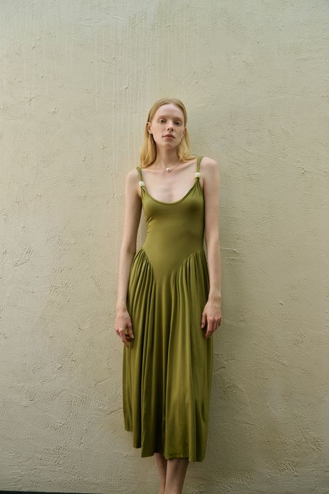 Dresses High Neck Casual Dress, Green Patterned Dress, Earth Tone Dresses, Dancing Outfit Ideas, Olive Green Clothes, Forest Green Formal Dress, Cocktail Outfits For Women, Ethereal Clothing, Olive Green Fashion