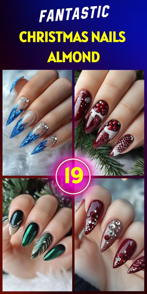 Festive almond nails for Christmas: 19 elegant designs to sparkle through the holiday season. Embrace the winter magic with these chic and sophisticated nail art ideas. From glittery red and green to subtle snowflake patterns, find your perfect festive look. Elevate your style and spread holiday cheer with these stunning almond-shaped manicures. Christmas Nail Art Almond, Unique Manicure Designs, Nail Design Almond Shape Classy, Almond Shaped Christmas Nail Designs, Christmas Full Set Nails, Elegant Holiday Nails Classy Sparkle, Almond Shaped Holiday Nails, Almond Holiday Nails Christmas, Winter Nail Ideas Almond Shape