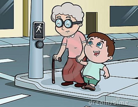 Helping a old lady cross the street (even though you don't want to) is a way of showing respect. Showing Respect Pictures, Respect Pictures Kids, Children's Rights And Responsibilities, Respect Pictures, Respect Images, Dream Community, Gingerbread Man Coloring Page, Old Lady Cartoon, Street Illustration