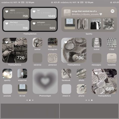 Korean Aesthetic Homescreen, Gray Phone Layout, Grey Phone Layout, Game Home Screen, Ipad Screen Layout, Iphone Ios Layout, Ipad Ios 15 Homescreen Ideas, Ios15 Homescreen Ideas, Ipad Layout Homescreen