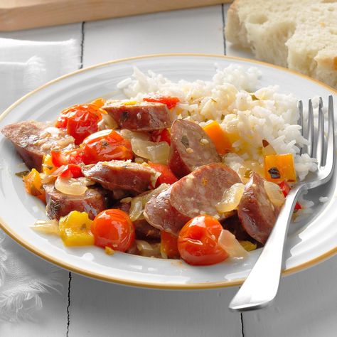 This Greek sausage and peppers meal is an old family favorite. I make this a lot throughout the year; all you do is toss your ingredients in the slow cooker. It also makes the house smell amazing. —Debbie Vair, Wake Forest, North Carolina Greek Sausage, Sausage And Peppers Recipe, Wake Forest North Carolina, Recipes Greek, Dump Dinners, Slow Cooked Pork, Dump Meals, Shredded Pork, Sausage And Peppers