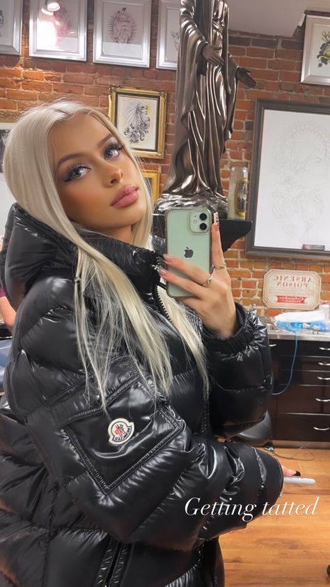 Moncler blond lips makeup nails tattoo winter canada Moncler Jacket Women Outfit Baddie, Moncler Puffer Jacket Women, Moncler Outfit Women, Moncler Maya Outfit, North Face Puffer Jacket Aesthetic, Moncler Jacket Women Outfit, Moncler Outfit, Puffer Jacket Aesthetic, Puffer Fashion