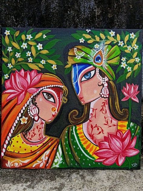 Radha Krishna Abstract Art, Madhubani Art Krishna, Indian Art Paintings Easy, God Painting Indian, Canvas Indian Art, Radha Krishna Madhubani Painting, Cultural Drawing, Indian Folk Painting, Modern Indian Art Paintings