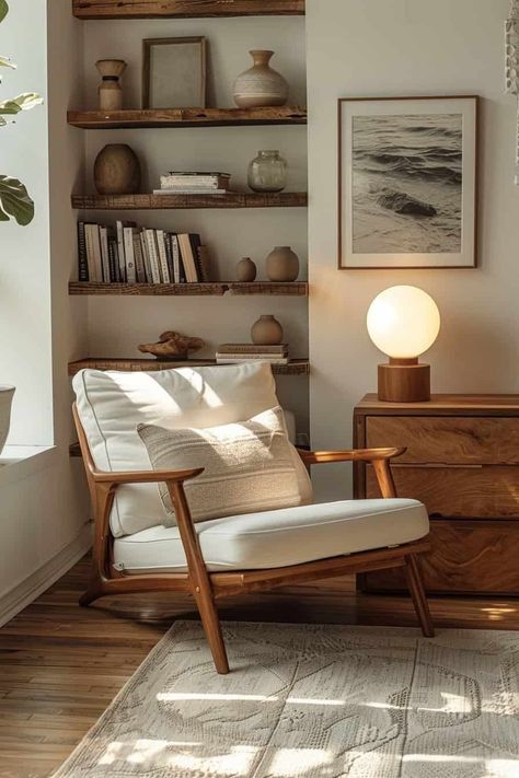 Living Nook Ideas, Seating Nook Bedroom, Cozy Library Chair, Reading Nook With Table, Midcentury Reading Nook, Lounge Study Area, Reading Corner House, Organic Modern Reading Nook, Japandi Reading Corner