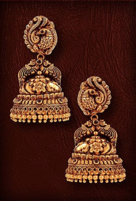 Temple Design Earrings Gold, Jimmiki Earrings Gold Antique, Antique Jumki Designs Gold, Antique Jumka Gold, 22k Gold Necklace Indian Jewelry, Jumkas Gold Indian Bridal, Jimmiki Earrings Gold, Gold Jumkas Antiques, Jimikki Kammal Gold