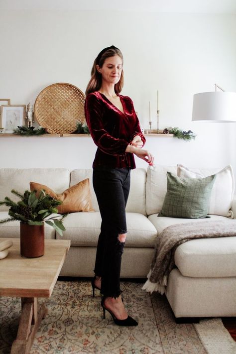 Shop the look for a fun, feminine holiday/christmas party look utilizing a velvet red top and black jeans + accessories! affordable style, simple style, home decor, home style Red Velvet Top Outfit, Velvet Tops Outfit, Holiday Party Outfit Inspiration, Red Velvet Top, Neutral Christmas Decor, Jeans Accessories, Holiday Christmas Party, Christmas Tops, Holiday Party Outfit