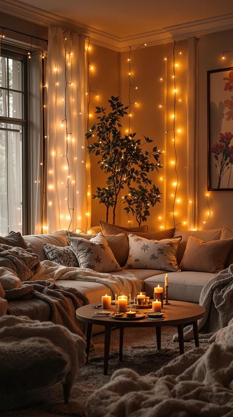 Cozy Lighting Living Room Hygge Lighting Living Rooms, Warm Lamps Living Room, Fairy Light Living Room Decor, Lighting In Apartment, Decorating With Fairy Lights Living Room, Fairy Lights Decor Ideas, Cozy Lamps Living Room, Living Room Fairy Lights Ideas, Fairy Lights Living Room