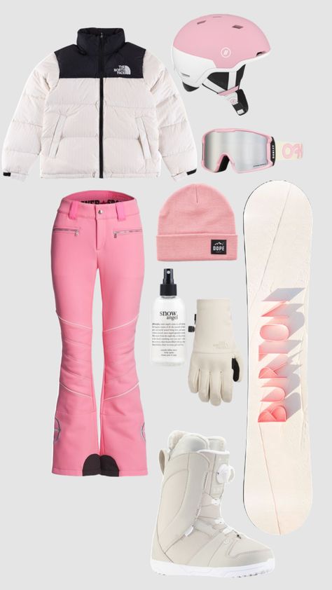 Cute Outfits For The Snow, Ski Trip Outfit Aesthetic, Girly Snowboard Outfit, Cute Ski Outfits Aesthetic, Skiing Fits Aesthetic, Ski Snowboard Outfit, Snowboard Outfit Aesthetic, Snow Boarding Fit, Pink Skiing Outfit