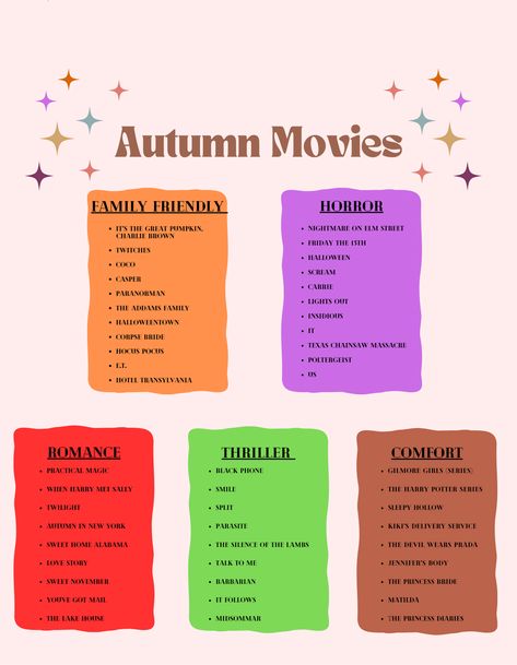 Movies For Movie Night With Friends, Cozy Autumn Movie List, Autumn Movies And Shows, Autumn Tv Shows List, Autumn Romance Movies, September Watch List, September Movies List, Fall Disney Movies, Autumn Vibes Movies