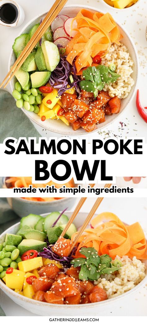 Looking for an easy and healthy lunch idea? This salmon poke bowl is light, fresh, and so simple to make! Salmon Slaw Bowl, Salmon Poke Bowl Recipe Spicy Mayo, Salmon Poke Bowl Ideas, At Home Poke Bowl, Easy Poke Bowl Recipe, Salmon Noodle Bowl, Salmon Bowl Recipe, Salmon Poke Bowl Recipe, Salmon Poke Bowl