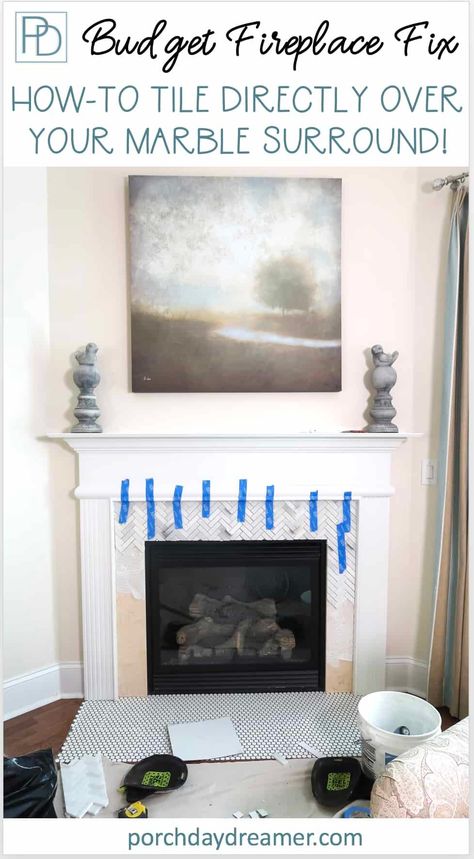 Looking for a budget friendly way to update your fireplace surround? Here is an affordable DIY update tiling directly over the marble surround for a whole new look. #tilefireplace #fireplaceideas #fireplacebeforeafter #tileovermarblefireplace #fireplacemakeover #porchdaydreamer Painting Marble Fireplace, Fireplace Revamp, Cheese Fountain, Porch Daydreamer, Marble Mantle, Lounge Makeover, Marble Herringbone Tile, Fireplace Makeovers, Painting Marble