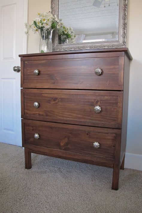 I want to do this (but darker maybe?) to a dresser for chris's place Targa Dresser Hack, Ikea Nightstand Hack Tarva, Tarva Dresser As Nightstand, Tarva Dresser Hack Night Stands, Tarva Dresser Stained, Tarva Makeover, Stain Ikea Furniture, Tarva 3 Drawer Dresser Hack, Ikea Tarva Dresser Stained