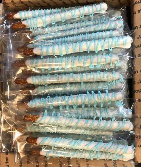 Blue And White Chocolate Covered Pretzels, Blue Chocolate Covered Pretzels, Light Blue And White Birthday Theme, Baby Shower Chocolate Covered Pretzels, Light Blue Party, White Chocolate Covered Oreos, Chocolate Dipped Pretzel Rods, White Chocolate Oreos, White Chocolate Covered Pretzels