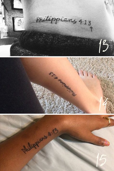 Philippians 4:13 Tattoos + Placement Ideas - tattooglee Philippines 4 13 Tattoo Women, Philippians 4 13 Tattoo Women, Phillipians 4 13 Tattoo Ideas, Philippians 4 13 Tattoo, Word Tattoo Placements, Font Tato, Tattoos Placement, Scripture Tattoos, Tattoo Writing