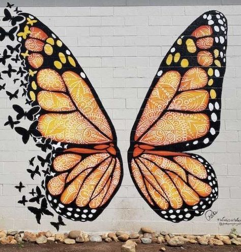 Mural Fence, Butterfly Mural, Angel Wings Drawing, Selfie Wall, Butterfly Art Painting, Wing Wall, Wings Drawing, Illustration Art Design, Bee Art