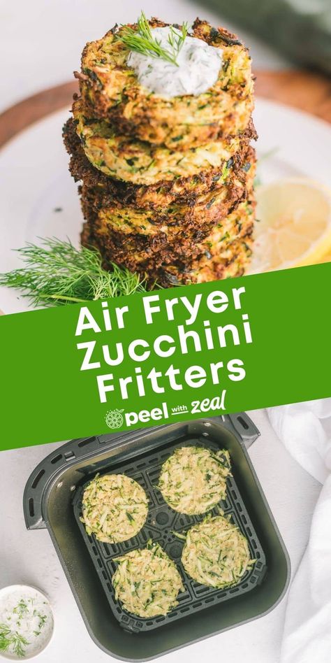 Make this delicious air fryer zucchini fritters for an easy snack or side dish. They're golden crisp on the outside, and tender on the inside for a delicious bite. Serve it with a delicious yogurt dill sauce and you'll have no leftovers! This is a great great zucchini recipe when you have excess on hand. Air Fryer Zucchini Fritters, Air Fryer Zucchini, Zucchini Patties, Zucchini Fritters Recipe, Zucchini Sticks, The Best Air Fryer, Best Air Fryer, Air Fry Recipes, Easy Zucchini