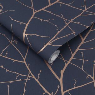 Trees & Leaves Wallpaper | Tree Wallpaper | Nature Wallpaper Blue Wallpaper Bedroom, Midnight Wallpaper, Wallpaper Bedroom Feature Wall, Navy And Copper, Navy Wallpaper, Teal Wallpaper, Graham & Brown, Tree Wallpaper, Brown Wallpaper