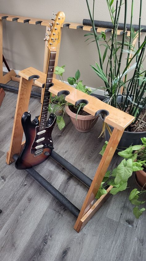 Guitar Stand Ideas, Guitar Room Decor, Guitar Amp Stand, Diy Guitar Stand, Guitar Shelf, Wooden Guitar Stand, Guitar Storage, Home Recording Studio Setup, Recording Studio Setup