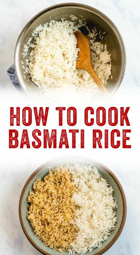 Long grain rice cooks perfectly using this quick and easy method! Here's how to cook basmati rice (both brown and white). #rice #basmati #howto #cook #healthy #side Best Basmati Rice Recipe, Indian Basmati Rice, Basmati Rice Recipe, Tasty Fried Rice, Rice Basmati, Basmati Rice Recipes, Pescetarian Recipes, Cooking Basmati Rice, Indian Rice Recipes