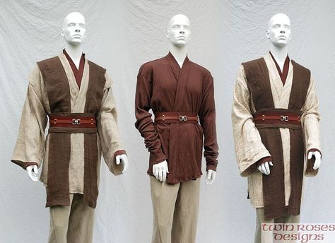 Portfolio of Movie Quality Fantasy Custom Costumes created by Twin Roses Designs. Costume Design and Construction by Andrea Wakely. Star Wars Jedi Clothes, Casual Jedi Outfit, Star Wars Jedi Robes, Jedi Reference, Jedi Attire, Star Wars Jedi Costume, Jedi Clothes, Jedi Clothing, Jedi Robes