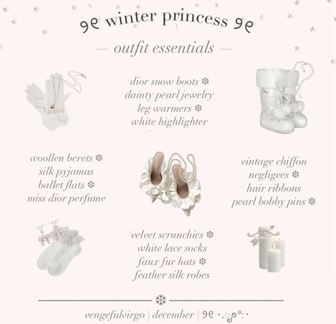 Winter Angel Aesthetic, Winter Princess Aesthetic, Winter Princess Outfit, Princess Guide, Romanticizing Winter, Winter Coquette, Princess Outfit, Girly Christmas, Outfit Essentials