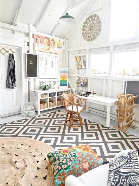 She shed idea with a boho chic interior and workspace. | 10 Rooms You Wouldn't Suspect Were Actually Sheds - 10 She Shed Ideas She Shed Interior Ideas, She Shed Craft Room, She Shed Decorating Ideas, She Shed Office, She Shed Interior, Big Sheds, Shed Makeover, Shed Office, Shed Decor