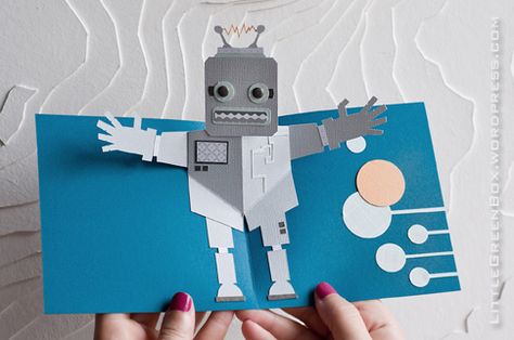 Pop up Robot Card Arte Pop Up, Origami Templates, Tarjetas Pop Up, Anniversaire Diy, Paper Engineering, Pop Up Art, Paper Pop, Gift Box Template, Green Box