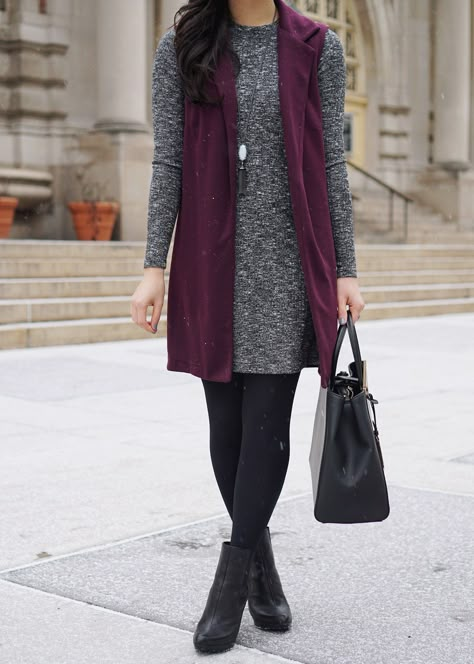 Tunic Vest Outfit, Grey Dress Outfit Fall, Gray Dress Outfit Winter, Grey Dress Outfit Winter, Long Vest Outfit Fall, Tunic Dresses Outfit, Grey Dress Outfit, Winter Glamour, Maxi Dress Outfit Fall