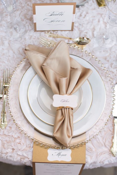 Blush Cream Gold Wedding Table Settings, Rose Gold/bush Champagne Gold And Ivory Wedding Reception Decor, Champagne Linens Wedding, Gold White Table Decor, White Gold Table Setting, Blush Table Setting, White And Gold Wedding Table, Bridesmaids Colours, Gold Wedding Table Setting