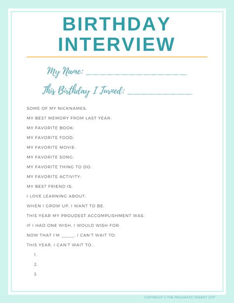 The Birthday Interview is a fun, and great birthday tradition to do with your kids every year. Download your FREE Birthday Interview printable and cherish this keepsake of your child's birthday for years to come! #birthdaytraditions #birthdayinterview #kidsbirthday #childrensbirthday Birthday Traditions For Kids, Birthday Interview Questions, Birthday Interview Printable, Traditions For Kids, Birthday Questions, Birthday Interview, Son Birthday Quotes, Sister Birthday Quotes, Birthday Traditions