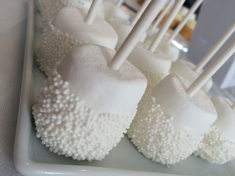 White Treats For Party, White Chocolate Covered Marshmallows, Cloud Nine Party Food, All White Party Food, White Treats Table, White Dessert Ideas, Cloud 9 Sweet 16, All White Party Food Ideas, Cloud Party Food