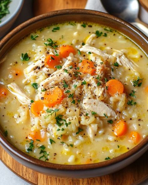 Brown Rice Chicken Soup, Chicken And Brown Rice Soup, Rice Chicken Soup, Brown Rice Soup, Potato Muffins, Soup Ingredients, Chicken Rice Soup, Chicken And Brown Rice, Rice Varieties