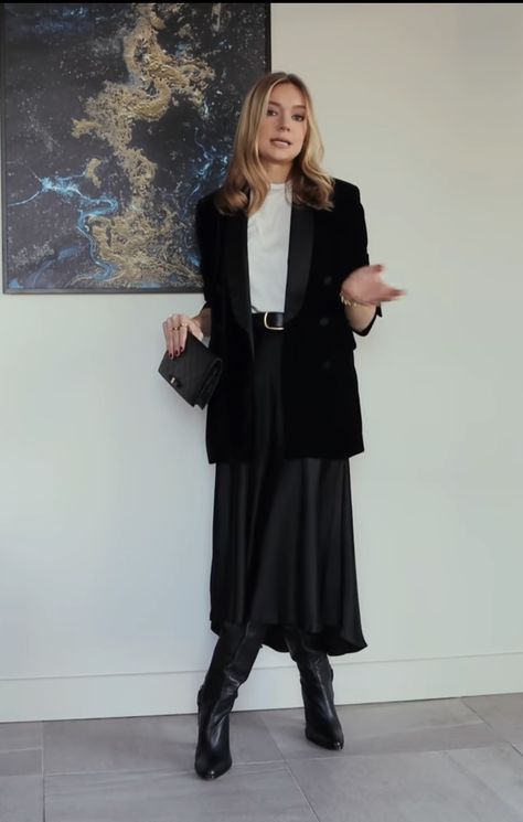 Long Office Skirt Work Outfits, Black Midi Skirt Office Outfit, Black Satin Skirt Outfit Autumn, Long Black Silk Skirt Outfit Winter, Black Midi Skirt Work Outfit, Black Satin Midi Skirt Outfit Work, How To Style A Black Satin Skirt, Midi Skirt Outfit Office, Black Silk Skirt Outfit Winter