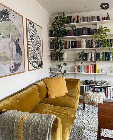 Velvet Couch Living Room, Yellow Couch, Snug Room, Plants Wall, Yellow Living Room, Velvet Couch, Trailing Plants, Room Idea, House Beautiful