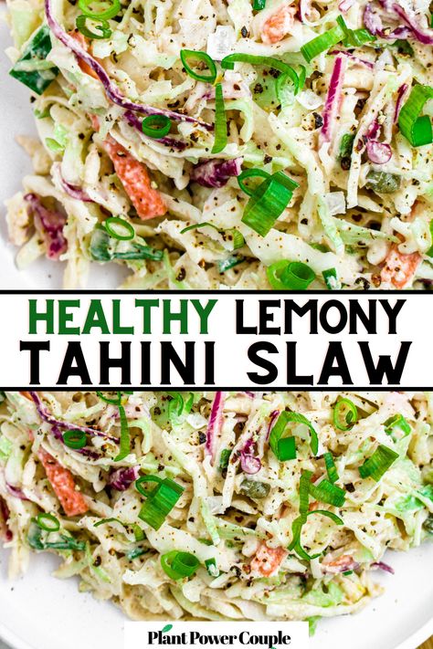 Elevate your coleslaw game with our zesty Lemon Tahini Slaw! 🍋💫 Bursting with creamy sesame lemon goodness, this vegan twist on a classic is a must-try. Perfect as a side for burgers, sandwiches, or falafel, it's both easy to make and impossible to resist. Prepare to fall in love with this fresh take on a timeless favorite! Superfood Veggie Slaw Recipes, Side For Burgers, Creamy Cabbage Slaw, Tahini Slaw, Vegan Slaw, Vegan Dairy Free Recipes, Raw Vegan Recipes Easy, Creamy Cabbage, Classic Coleslaw