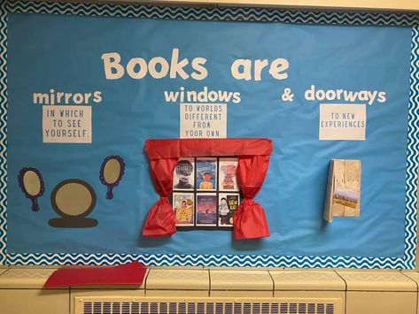 Books Are Windows And Mirrors Bulletin Board, Library Board Decoration, Back To School Library Displays, Librarian Glasses, Library Entrance, School Library Book Displays, Book Bulletin Board, School Library Bulletin Boards, Elementary Librarian