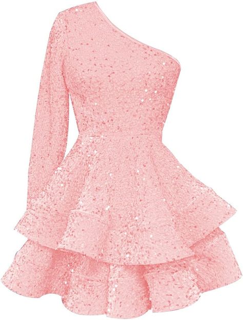 Light Pink Dama Dresses, 16 Birthday Dresses, Pink Dresses Formal, Snowball Dresses, Short Sparkly Dresses, Prom Dresses Long Sleeve, Pink Short Dress, Long Sleeve Prom Dress, One Shoulder Homecoming Dress