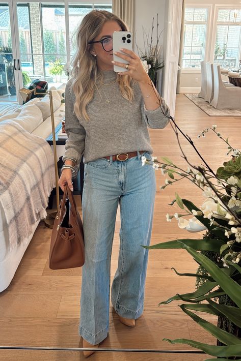 Superwide-Leg Jeans in Lintz Wash curated on LTK Fashion Inspo Outfits For Moms, Tan Mock Neck Top Outfit, Black Boot Leg Jeans Outfit, Wrangler Trouser Jeans Outfit, Office Jean Outfits Women, Wrangler Jeans Outfits Woman, Business Casual Light Jeans, Jeans With Pumps Outfit, Family Night Out Outfit