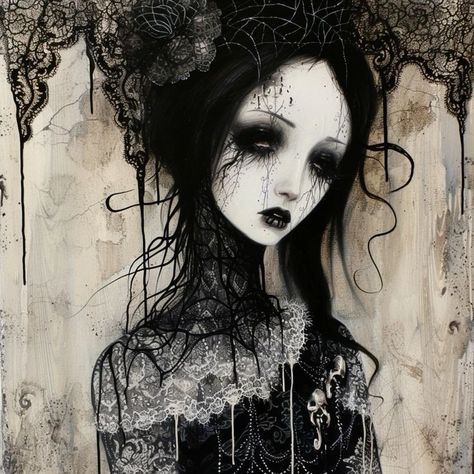 Sammycore Aesthetic, Dark Art Style, Goth Woman Art, Goth Art Style, Goth Art Drawing, Goth Painting Ideas, Gothic Art Painting, Goth Drawings, Goth Painting