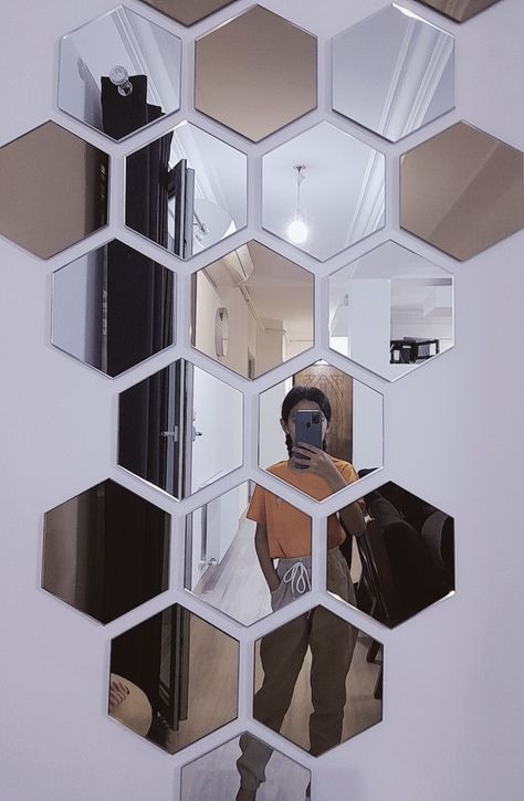 Stick On Mirror Tiles, Honey Comb Mirror Wall Decor Ideas, Hexagon Mirror Sticker Ideas, Hexagon Glass Wall Design, Hexagon Mirror Design, Hexagon Mirror Wall Decor, Acrylic Mirror Wall Decor Hexagon, Stick On Mirror, Colorful Bedroom Design