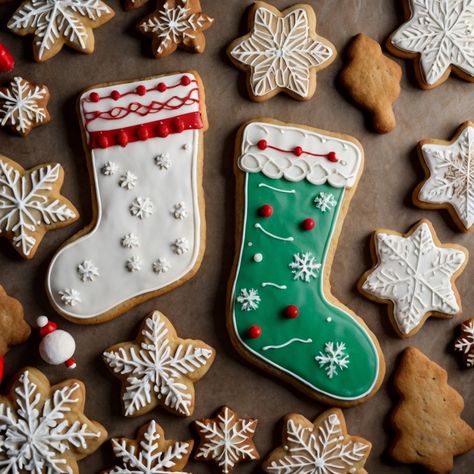 Enjoy the season with this festive Christmas stocking cookie, decorated in colorful and cheerful designs. It adds a joyful and playful element to your holiday celebrations. Stocking Cookies Decorated, Cookie Designs Ideas, Stocking Cookies, Christmas Cookie Designs, Christmas Stocking Cookies, Cutout Cookie, Cookie Decoration, Cookie Decorating Ideas, Christmas Cookies Decorated